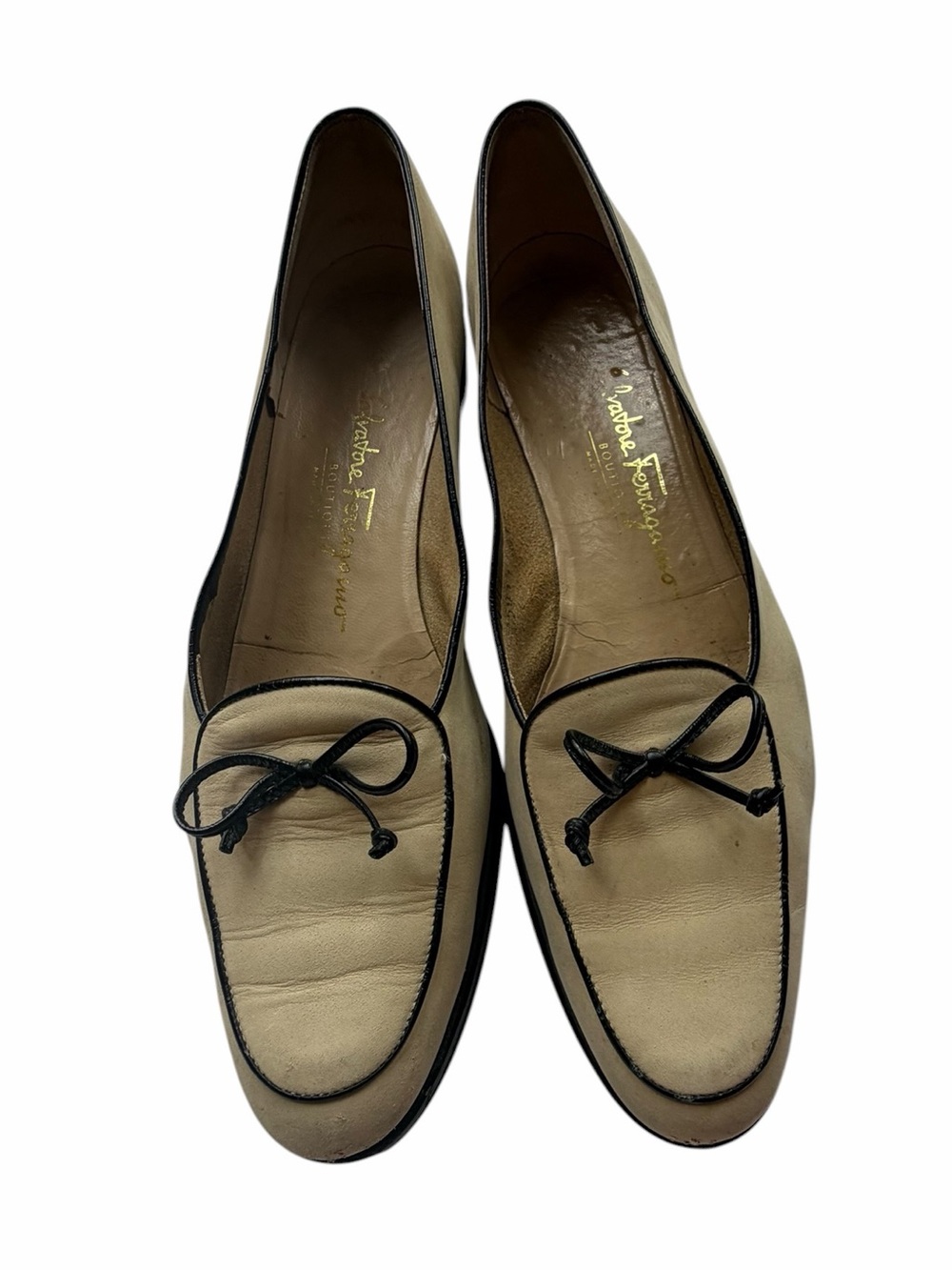 VTG Salvatore Ferragamo Beige Leather Belgian Bow Loafers 9.5 4A - Picture 3 of 6